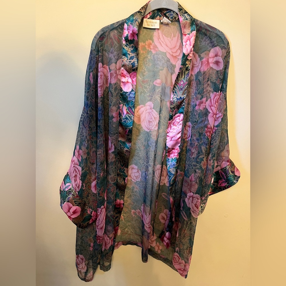 Victoria's Secret Sheer Kimono with Pink and Green Floral Design